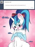  anthro ask_blog ask_bottom_armor blue_eyes blue_hair blush clothing equid friendship_is_magic girly hair harem_outfit horn lefthighkick male mammal my_little_pony nervous pink_background ponytail shining_armor_(mlp) simple_background text unicorn white_body wide_hips 