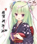  1girl 2020 :d animal bangs black_kimono blue_flower blush bug butterfly cariboy commentary_request eyebrows_visible_through_hair floral_print flower green_hair hair_flower hair_ornament hair_ribbon holding insect japanese_clothes kimono long_hair long_sleeves murasame_(senren) obi open_mouth pink_flower print_kimono purple_eyes red_ribbon ribbon sash senren_banka smile solo tree_branch two_side_up very_long_hair wide_sleeves 