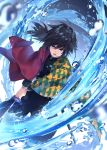  1boy black_hair blue_eyes blurry commentary_request depth_of_field haori highres holding holding_sword holding_weapon japanese_clothes kimetsu_no_yaiba long_hair long_sleeves looking_at_viewer male_focus open_mouth rupinesu serious sheath signature solo sword tomioka_giyuu two-handed uniform water water_drop weapon 