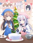  &gt;_&lt; 6+girls :o absurdres akatsuki_(kantai_collection) apron bandana bangs blue_apron blurry blurry_background blush bowl brown_hair cake christmas christmas_tree closed_eyes cookie cooking eyebrows_visible_through_hair facial_scar fathom flower flying_sweatdrops folded_ponytail food gangut_(kantai_collection) hair_between_eyes hair_ornament hair_ribbon hairclip hibiki_(kantai_collection) highres holding ikazuchi_(kantai_collection) inazuma_(kantai_collection) kantai_collection long_hair long_sleeves low_twintails multiple_girls open_mouth pastry_bag pink_apron ponytail ribbon sailor_collar scar school_uniform serafuku short_hair silver_hair smile sparkle star tashkent_(kantai_collection) turtleneck twintails verniy_(kantai_collection) 