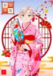  1girl 2020 alternate_costume antenna_hair commentary_request cowboy_shot green_eyes grey_hair hagoita highres japanese_clothes kantai_collection kimono kinugasa_(kantai_collection) looking_at_viewer nengajou new_year ojipon paddle pink_kimono short_hair solo tied_hair 