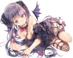  breasts chain cherry cleavage collar demon food fruit garter goth-loli horns lolita_fashion long_hair opopowa original purple_eyes purple_hair twintails white wings 