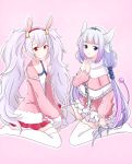  2girls akj-sw animal_ears azur_lane blue_eyes bunny_ears capelet chinese_commentary commentary_request dragon_girl dragon_horns eyebrows_visible_through_hair full_body fur_trim hair_bobbles hair_ornament hairband highres horns jacket kanna_kamui kobayashi-san_chi_no_maidragon laffey_(azur_lane) long_hair long_sleeves multiple_girls naganawa_maria off_shoulder open_clothes open_jacket pink_background pink_jacket purple_hair red_eyes red_skirt seiyuu_connection simple_background sitting skirt tail thighhighs twintails very_long_hair wariza white_legwear 