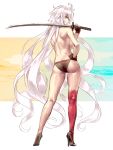 1girl ass bikini black_bikini black_gloves fate/grand_order fate_(series) from_behind full_body gloves hayama_kazusa high_heels highres jeanne_d&#039;arc_(alter_swimsuit_berserker) jeanne_d&#039;arc_(fate)_(all) katana long_hair multicolored multicolored_background o-ring o-ring_bottom red_legwear single_thighhigh solo swimsuit sword thighhighs topless very_long_hair weapon white_background white_hair yellow_eyes 