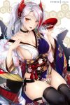  1girl alcohol antenna_hair azur_lane bangs bare_shoulders black_legwear blush breasts choker cleavage cup feather_boa hair_ornament japanese_clothes kimono large_breasts long_hair long_sleeves looking_at_viewer mole mole_on_breast multicolored_hair obi open_mouth prinz_eugen_(azur_lane) prinz_eugen_(dance_of_a_hundred_flowers)_(azur_lane) rei_kun rigging sakazuki sake sash silver_hair sitting smile solo streaked_hair swept_bangs thighhighs thighs tongue tongue_out two_side_up wide_sleeves yellow_eyes 