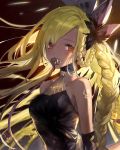  1girl bangs bare_shoulders black_dress blonde_hair braid breasts dark_skin dress hair_ribbon helel_ben_shalem highres long_hair looking_at_viewer pacifier red_eyes ribbon rilmok simple_background solo tattoo very_long_hair white_background 