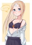  ... 1girl abigail_williams_(fate/grand_order) bandaid_on_forehead bangs bare_shoulders black_bra black_skirt blonde_hair blue_eyes blush border bra breasts cleavage closed_mouth collarbone collared_shirt crossed_bandaids dress_shirt fate/grand_order fate_(series) forehead highres kopaka_(karda_nui) long_hair long_sleeves looking_at_viewer off_shoulder open_clothes open_shirt parted_bangs shirt skirt small_breasts solo spoken_ellipsis underwear white_border white_shirt yellow_background 