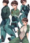  1girl all_fours artist_name ass bodysuit breasts brown_hair commentary covered_nipples english_commentary frown green_eyes hands_in_pockets helmet highres hisone_to_masotan hoshino_eri iwbitu-sa jacket jumpsuit large_breasts looking_at_viewer looking_away multiple_views open_jumpsuit pilot_suit shirt short_hair simple_background smile sweatdrop twitter_username white_background white_shirt 