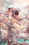  1girl absurdres blue_eyes breasts bridal_veil bride demon_horns draph dress gloves granblue_fantasy hair_over_one_eye highres horns jewelry large_breasts lavender_hair mi_bait narmaya_(granblue_fantasy) pointy_ears ring veil wedding_dress wedding_ring white_gloves 