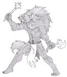  anthro axe bracelet fangs gnoll hi_res holding_object holding_weapon horn hyaenid jewelry mace male mammal melee_weapon muscular pubes solo tarathiellyris weapon 