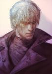  1boy closed_mouth derivative_work devil_may_cry dmc:_devil_may_cry et.m male_focus simple_background solo sweat vergil white_hair 