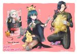  1boy 2020 2girls armor black_hair black_shorts blonde_hair blue_eyes blue_hair byleth_(fire_emblem) byleth_(fire_emblem)_(female) closed_mouth crossover dedenne edelgard_von_hresvelg fire_emblem fire_emblem:_three_houses garreg_mach_monastery_uniform gen_1_pokemon gen_2_pokemon gen_6_pokemon gen_8_pokemon gloves hair_over_one_eye happy_new_year holding holding_pokemon hubert_von_vestra long_hair long_sleeves medium_hair morpeko multiple_girls navel_cutout new_year pantyhose pichu pikachu pink_background pokemon pokemon_(creature) pokemon_on_head purple_eyes rattata red_legwear robaco sandshrew shield short_hair short_shorts shorts simple_background squatting twitter_username uniform white_gloves 