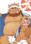  2019 anthro asian_clothing belly blush brown_body brown_fur bulge clothing duo east_asian_clothing fundoshi fur hug humanoid_hands japanese_clothing male mammal moobs nipples one_eye_closed overweight overweight_male ryuta-h sitting suid suina sus_(pig) underwear wild_boar wink young 