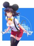  1girl animal_ears black_hair black_legwear blake_belladonna bow bowtie breasts cleavage_cutout cosplay disney gloves highres iesupa mickey_mouse mickey_mouse_(cosplay) mickey_mouse_ears mouse_ears mouse_tail red_shorts rwby short_hair shorts solo suspenders tail thighhighs yellow_eyes yellow_neckwear 