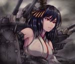  1girl black_hair breasts caiman-pool cannon commentary_request detached_sleeves hair_between_eyes hair_ornament highres japanese_clothes kantai_collection kimono large_breasts machinery red_eyes remodel_(kantai_collection) rigging short_hair solo turret upper_body white_kimono white_sleeves yamashiro_(kantai_collection) 