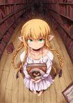  1girl barefoot blonde_hair book braid death_(entity) dress dungeon_meshi elf fisheye green_eyes highres library long_hair looking_at_viewer marcille pointy_ears rei_oe tearing_up tentacles white_dress wooden_floor younger 