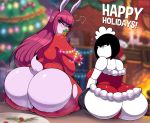  andro_juniarto anthro big_breasts big_butt breasts butt christmas christmas_tree clothing female holidays huge_butt lagomorph leporid looking_back maidbot mammal panties pussy rabbit text thong torn_clothing tree underwear 