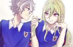  2boys afuro_terumi banana_(user_uynz2547) blonde_hair hair_between_eyes hair_grab highres inazuma_eleven inazuma_eleven_(series) inazuma_eleven_ares_no_tenbin kira_hiroto looking_at_another looking_at_viewer male_focus multiple_boys playing_with_another&#039;s_hair purple_eyes red_eyes simple_background smile soccer_uniform sportswear wavy_hair white_background 