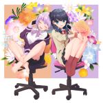  2girls :d ^_^ bangs bare_legs barefoot black_hair black_skirt blue_eyes blue_flower blush bow bowtie breasts brown_cardigan cellphone chair closed_eyes commentary_request floral_background flower flower_request full_body hand_on_own_knee holding holding_cellphone holding_phone jacket kimitoshiin knees_up leaf long_hair long_sleeves medium_breasts miniskirt multicolored multicolored_background multiple_girls neck_ribbon off_shoulder on_chair open_mouth orange_flower orange_rose phone pink_flower pleated_skirt purple_bow purple_hair purple_jacket purple_neckwear red_legwear red_neckwear red_ribbon ribbon rose school_uniform scrunchie shinjou_akane shirt short_hair sitting skirt smile smirk socks ssss.gridman takarada_rikka white_flower white_shirt wrist_scrunchie yellow_flower 