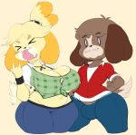  animal_crossing anthro big_breasts bottomwear breasts bulge canid canine canis cleavage clothed clothing digby_(animal_crossing) domestic_dog eyes_closed female girly isabelle_(animal_crossing) jeans male mammal midriff navel nintendo pants purple_yoshi_draws simple_background slightly_chubby small_clothes thick_thighs tongue tongue_out video_games wide_hips yellow_background 