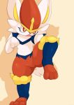  2019 3_fingers 3_toes ambiguous_gender anthro blue_body blue_fur cinderace featureless_crotch fingers fur lagomorph looking_away mammal nintendo on_one_leg open_mouth pok&eacute;mon pok&eacute;mon_(species) pose raised_leg red_body red_eyes red_fur red_nose simple_background solo standing tan_background toes type video_games white_body white_fur yellow_body yellow_fur 