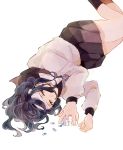  1girl bandaged_head bandages black_hair black_legwear black_skirt brown_eyes feet_out_of_frame juusan_kihei_bouei_ken long_sleeves looking_at_viewer lying nanamatsu_(rapj4327) on_side pill school_uniform shinonome_ryouko shirt simple_background skirt socks solo white_background white_shirt 