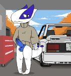  animated anthro balls blue_penis bottomless car clothed clothing detailed_background erection humanoid_penis legendary_pok&eacute;mon looking_at_viewer loop lugia male nintendo penis pok&eacute;mon pok&eacute;mon_(species) sailewder shy solo sweater topwear vehicle video_games white_body 