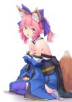  1girl animal_ear_fluff animal_ears bare_shoulders blue_kimono blue_legwear blue_ribbon breasts cleavage detached_sleeves eyebrows_visible_through_hair fang fate/grand_order fate_(series) fox_ears fox_girl fox_tail hair_ribbon highres japanese_clothes kimono large_breasts looking_at_viewer looking_to_the_side open_mouth pink_hair ribbon shochiku sitting skin_fang solo tail tamamo_(fate)_(all) tamamo_no_mae_(fate) white_background yellow_eyes 