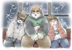  2019 anthro bottomwear brown_body brown_fur clothing eyes_closed eyewear fur glasses group hoodie humanoid_hands japanese_text male mammal overweight overweight_male pants roostax_wilddog shirt sitting text topwear ursid 