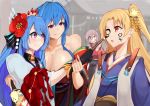 4girls ahoge azur_lane blonde_hair blue_hair blurry breasts calligraphy_brush cleveland_(azur_lane) cleveland_(new_year&#039;s_challenge!)_(azur_lane) commentary depth_of_field face_painting facepaint flower fur_scarf furisode hagoita hair_ears hair_flower hair_ornament hanetsuki happy_new_year helena_(azur_lane) helena_(the_blue_bird&#039;s_new_year)_(azur_lane) highres japanese_clothes kimono large_breasts long_hair looking_at_another marshall2033 montpelier_(azur_lane) montpelier_(flower_in_the_snowy_night)_(azur_lane) multiple_girls new_year obi off_shoulder one_eye_closed one_side_up paddle paintbrush pink_eyes ponytail red_eyes red_flower red_kimono sash small_breasts st._louis_(azur_lane) st._louis_(tipsy_snow)_(azur_lane) tongue tongue_out wrist_grab yukata 