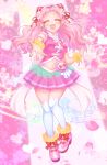  1girl :d absurdres beamed_eighth_notes closed_eyes commentary_request cure_yell dress earrings eighth_note facing_viewer flower frilled_footwear full_body hair_flower hair_ornament heart highres hugtto!_precure jewelry long_hair magical_girl multicolored multicolored_background musical_note nave navel_cutout nono_hana open_mouth petals pink_dress pink_footwear pleated_dress precure quarter_note reaching_out scrunchie sheet_music shoes single_horizontal_stripe sleeveless sleeveless_dress smile solo sparkle standing thighhighs white_legwear wrist_scrunchie yellow_scrunchie 