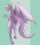  anthro backsack balls butt dragon frill_(anatomy) gesture girly green_background horn looking_at_viewer looking_back male membrane_(anatomy) membranous_frill membranous_wings nude red_eyes scales scalie simple_background solo thuban tifa_(artist) waving wings 