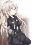  1girl against_wall black_legwear black_serafuku cowboy_shot crescent crescent_moon_pin crossed_arms depth_charge kantai_collection kikuzuki_(kantai_collection) looking_at_viewer one_eye_closed orange_eyes ouno_(nounai_disintegration) pantyhose school_uniform serafuku solo twitter_username white_hair 