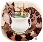  ambiguously_micro animal-like_drinking anthro bath bath_in_pitcher drinking eyes_closed female feral geckozen genet lagomorph leporid mammal pitcher plank rabbit size_difference teara_spot tongue tongue_out viverrid 