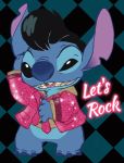  2019 4_fingers alien black_eyes blue_body blue_claws blue_fur blue_nose bottomless checkered_background chest_tuft claws clothed clothing disney english_text experiment_(lilo_and_stitch) fingers fur lilo_and_stitch looking_at_viewer m_ssk626 necktie notched_ear open_mouth open_smile pattern_background pompadour simple_background smile solo standing stitch_(lilo_and_stitch) text tuft wig 