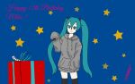  1girl arm_up blue_eyes blue_hair gift gt_39 hair_between_eyes happy happy_birthday hatsune_miku highres long_hair sky smile solo star_(sky) starry_sky sweat thighhighs twintails vocaloid 