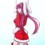  1girl bleach boots breasts christmas commentary_request dokugamine_riruka dress hanya_(hanya_yashiki) hat long_hair looking_at_viewer open_mouth purple_eyes purple_hair simple_background solo thigh_boots thighhighs twintails white_background 