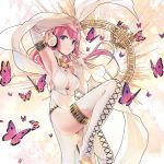  1girl anniversary arm_up armpits bangs blue_eyes boots breasts bug butterfly character_name commentary dress eyelashes feet_out_of_frame fingernails floating_hair headphones highres insect large_breasts leg_up lena_(zoal) long_hair looking_at_viewer megurine_luka pink_hair pink_nails purple_butterfly smile thigh_boots thighhighs vocaloid white_dress 