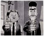  2019 4_fingers afro aiming_at_viewer bert border bruce_mccorkindale bullet_holes clothing crossover ernie eyebrows facial_hair fingers gun jules_winnfield looking_at_viewer monochrome muppets mustache necktie parody pulp_fiction ranged_weapon sesame_street signature suit unibrow vincent_vega weapon what white_border 