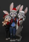  2019 3d_(artwork) anthro black_background black_clothing bodysuit buckteeth christmas claws clothing digital_media_(artwork) dipstick_ears disney eyebrows eyelashes female female/female fingers flat_chested fur gesture grey_body grey_fur group handwear hat headgear headwear hi_res holding_object holidays judy_hopps lagomorph leporid long_ears looking_at_viewer mammal melo multicolored_body multicolored_ears multicolored_fur necktie nude pink_nose police_badge police_uniform purple_eyes rabbit santa_hat scarf short_tail simple_background skinsuit smile sparkler square_crossover standing teeth tight_clothing toe_claws toeless_legwear toes uniform v_sign white_body white_fur zootopia 