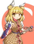  1girl 495-flan :o armor armored_dress bangs blonde_hair blush commentary_request cowboy_shot double_bun drop_shadow eyebrows_visible_through_hair hair_between_eyes haniwa_(statue) highres joutouguu_mayumi looking_at_viewer puffy_short_sleeves puffy_sleeves red_background shirt short_hair short_sleeves solo standing touhou two-tone_background vambraces white_background white_shirt yellow_eyes 