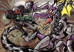  2018 absurd_res alien anaugi armor battle claws dragon duo female headgear helmet hi_res human male mammal membrane_(anatomy) membranous_wings metroid motion_lines nintendo open_mouth raining ridley samus_aran sharp_teeth teeth tongue video_games weapon wings 