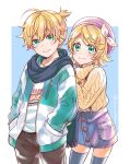  1boy 1girl :3 aqua_eyes bangs beret black_pants blonde_hair blue_legwear blue_scarf blush bow casual closed_mouth commentary cowboy_shot hair_bow hair_ornament hairclip hand_on_another&#039;s_back hands_in_pockets hat heart heart_necklace jacket jewelry kagamine_len kagamine_rin knit_sweater leaning_forward looking_at_viewer momomochi necklace pants pink_headwear scarf shirt short_hair short_ponytail skirt smile standing swept_bangs t-shirt thighhighs turtleneck twitter_username two-tone_jacket vocaloid white_bow zettai_ryouiki zipper 