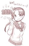  1girl 2020 akeome ayanami_(kantai_collection) cardigan commentary_request cowboy_shot happy_new_year kantai_collection kirigaya_yuuji long_hair looking_at_viewer monochrome neckerchief new_year open_palm pleated_skirt sailor_collar school_uniform sepia serafuku side_ponytail skirt smile solo 