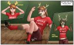  2018 anthro antlers black_hair blonde_hair bottomwear breasts butt capreoline cervid christmas clothing female green_eyes hair hi_res holidays hooves horn human human_to_anthro mammal miltonholmes open_mouth pants reindeer sequence shirt sitting smile solo species_transformation surprise topwear transformation 