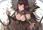  1girl absurdres bangs black_dress black_hair black_nails breasts bridal_gauntlets cleavage dress english_commentary fate/apocrypha fate/grand_order fate_(series) from_above fur_trim highres krin large_breasts long_dress long_hair pointy_ears semiramis_(fate) spikes very_long_hair yellow_eyes 