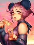  1girl 2020 :o animal_ears bare_shoulders chinese_zodiac commentary eyebrows food fumio_(rsqkr) highres looking looking_at_viewer mouse_ears mouse_girl open_mouth original pink_eyes pink_hair pizza short_hair solo teeth v 