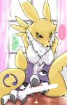  2019 3_fingers anthro armwear black_nose black_sclera blue_eyes breasts bridal_gauntlets censored claws clothed clothing digimon digimon_(species) duo female fingers fur lovehinba male male/female multicolored_ears neck_tuft penis purple_armwear purple_clothing renamon solo_focus tuft two_tone_ears white_body white_ears white_fur yellow_body yellow_ears yellow_fur 