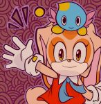  abstract_background ambiguous_gender anthro bluekomadori carrying chao_(sonic) cheese_the_chao clothing cream_the_rabbit dress duo emanata female fur gesture gloves handwear lagomorph leporid mammal on_head orange_body orange_fur rabbit smile sonic_the_hedgehog_(series) tan_body tan_fur waving yellow_eyes 