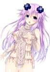  adult_neptune breasts kazuneko_(wktk1024) long_hair neptune_(series) no_panties one_eye_closed open_mouth purple_eyes purple_hair revealing_clothes shin_jigen_game_neptune_vii simple_background sweater white_background 